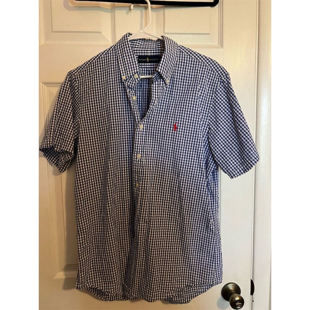 Ralph Lauren Men's M Blue/White Check Seersucker Short Sleeve Button-Up …